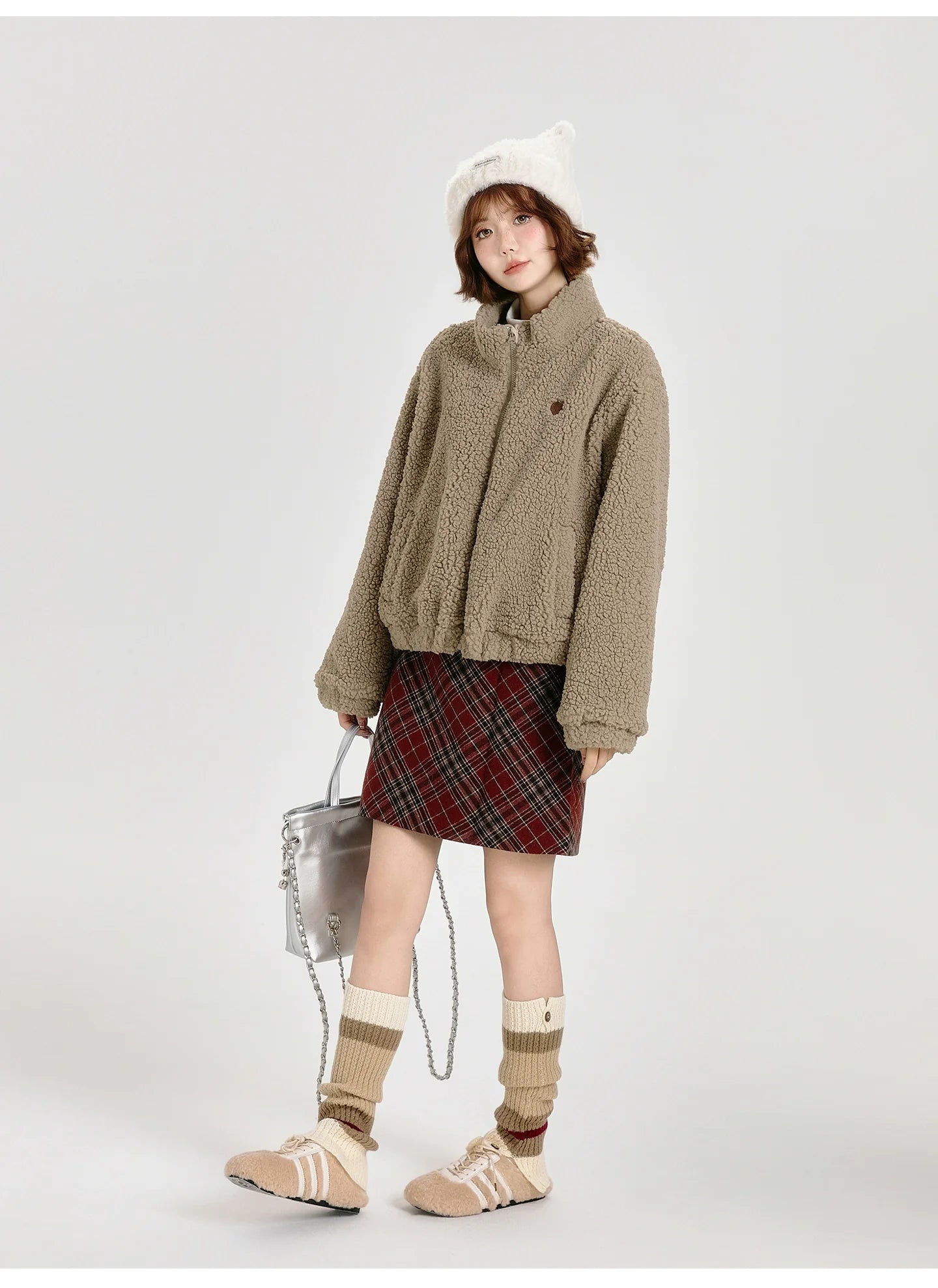 Girlyhalo Women's Vintage Faux Shearling Jacket-Khaki-S-Free Shipping Leatheretro