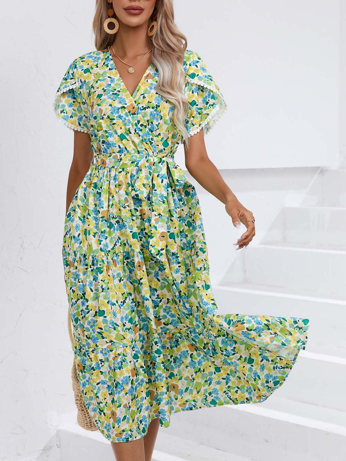 Women's Summer Floral V-Neck Split Hem Top