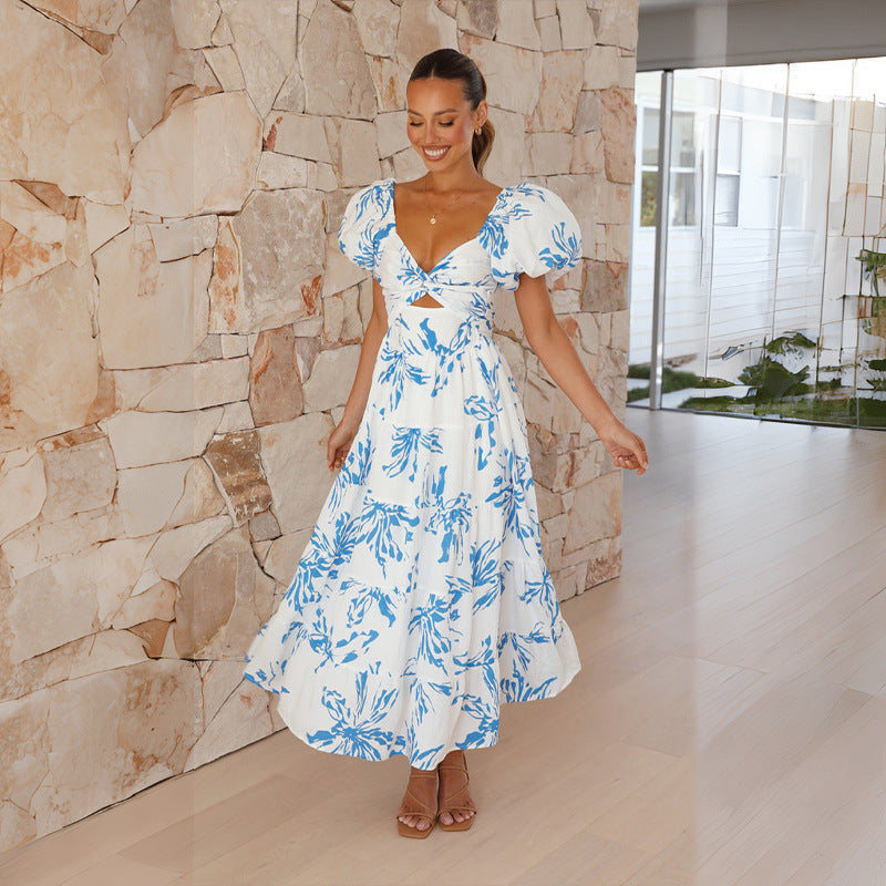 Elegant Floral Print Puff Sleeve Dress
