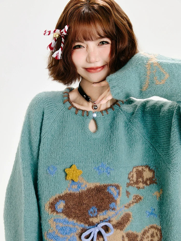 Girlyhalo Cozy Retro Bear Knit Sweater Women