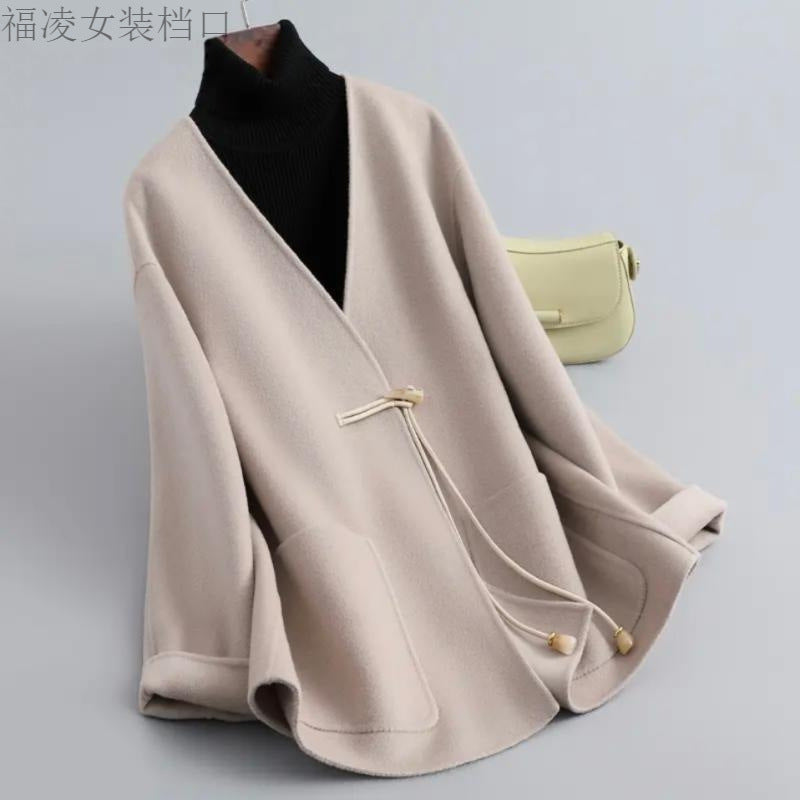 Women's Double-Faced Wool Coat – Short V-Neck Winter Jacket, Premium Fall & Winter Outerwear