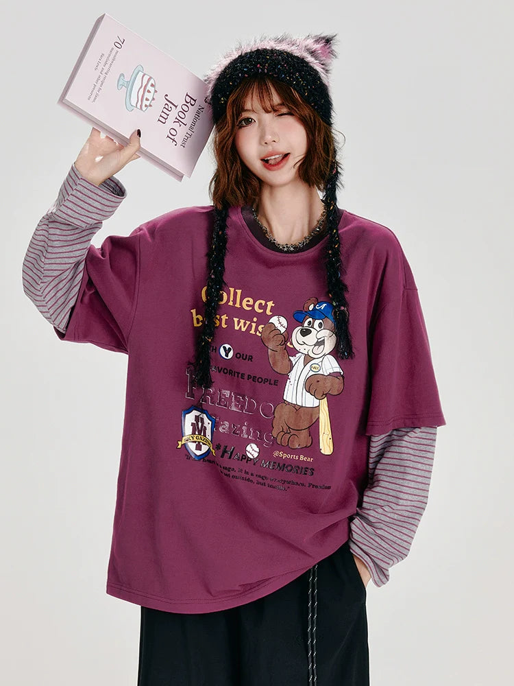 Girlyhalo Retro Two-Tone Long Sleeve T-Shirt for Women-Purple-S-Free Shipping Leatheretro