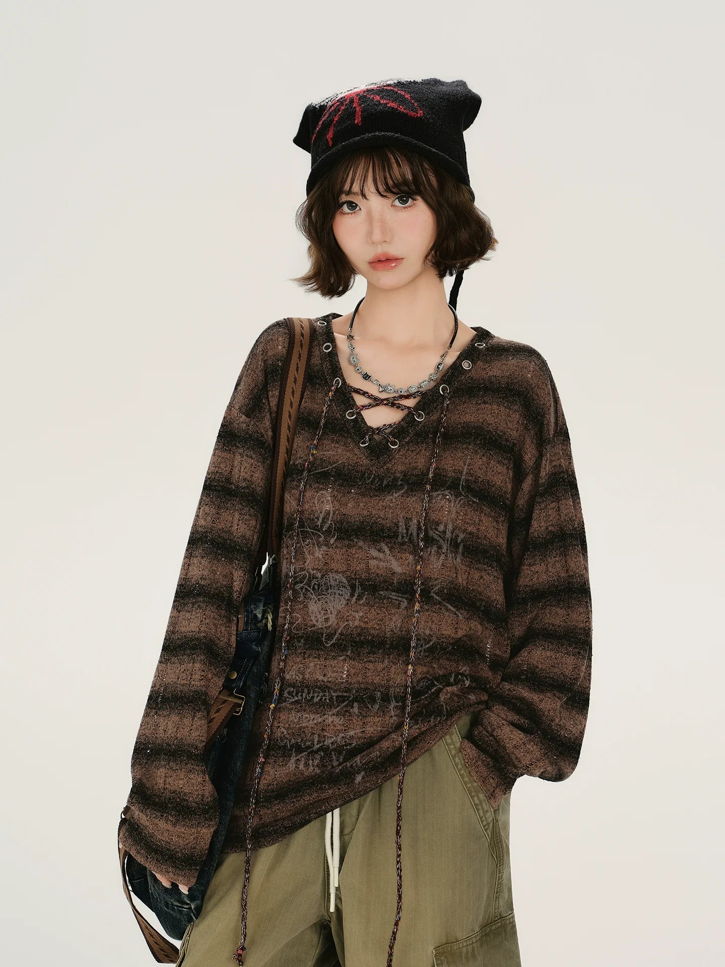 Girlyhalo Retro Print V-Neck Striped Long Sleeve T-Shirt