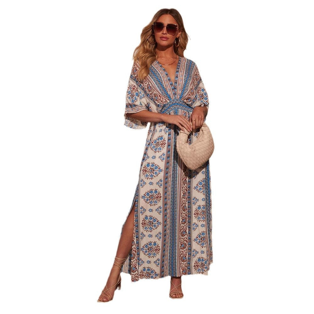 Summer Floral Print V-Neck Sleeveless Maxi Dress