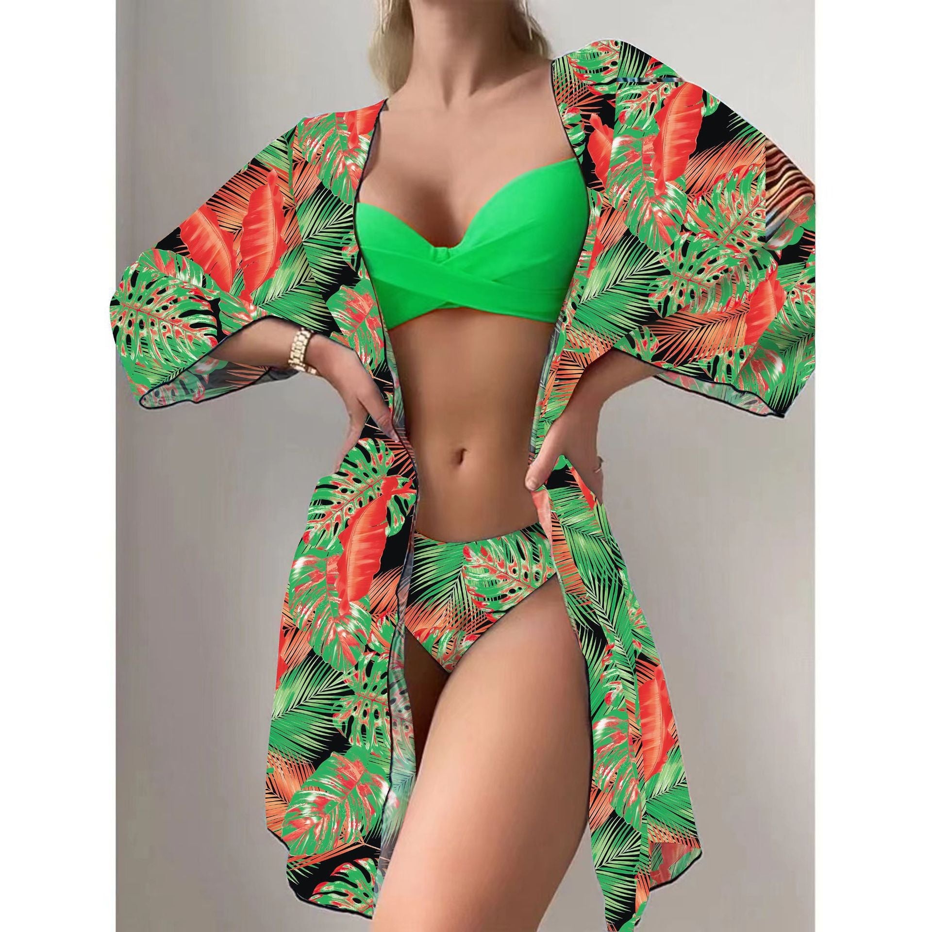Women's 3-Piece Mesh Long Sleeve Cover-Up – Beach Bikini Set