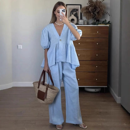 Sweet Solid Color Cotton Set - V-Neck Top & Bubble Sleeve Shorts 2-Piece Outfit