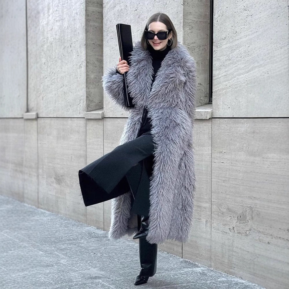 Long Faux Fur Coat – Women’s Winter Warm Plush Fake Fur Jacket with Lapel Collar