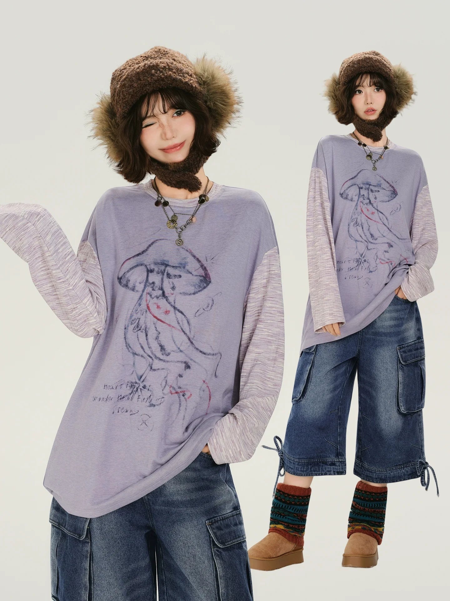Girlyhalo Retro Color-Block Jellyfish Print Long Sleeve T-Shirt