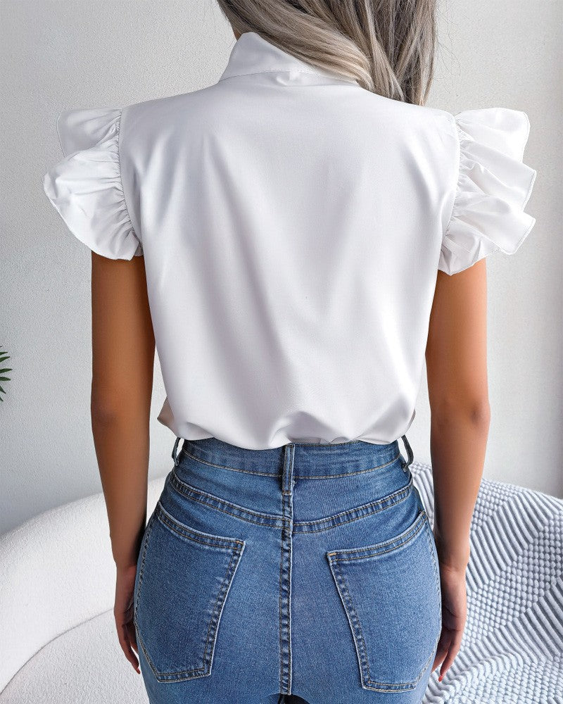 Solid Color Ruffled Tie-Bow Blouse – Elegant Women’s Shirt