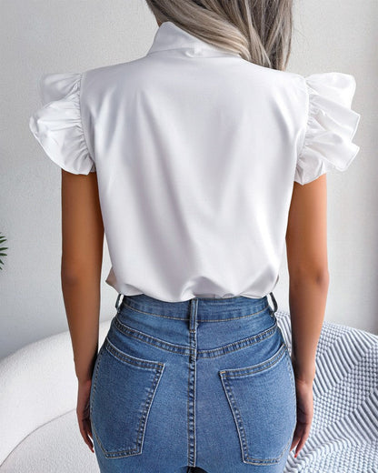 Solid Color Ruffled Tie-Bow Blouse – Elegant Women’s Shirt