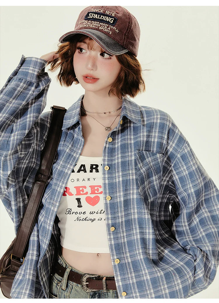 Girlyhalo Women's Blue Plaid Shirt - Oversized Fall Shacket for a Youthful Look