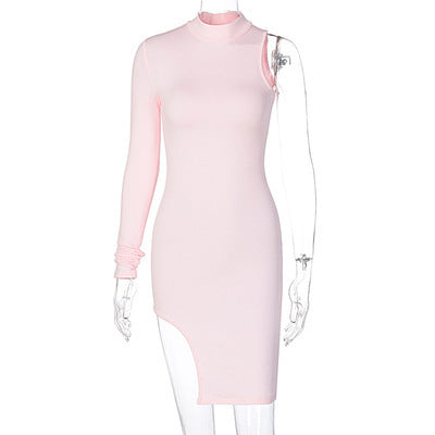 Sexy High Neck One Shoulder Mini Dresses-Dresses-Pink-S-Free Shipping at meselling99