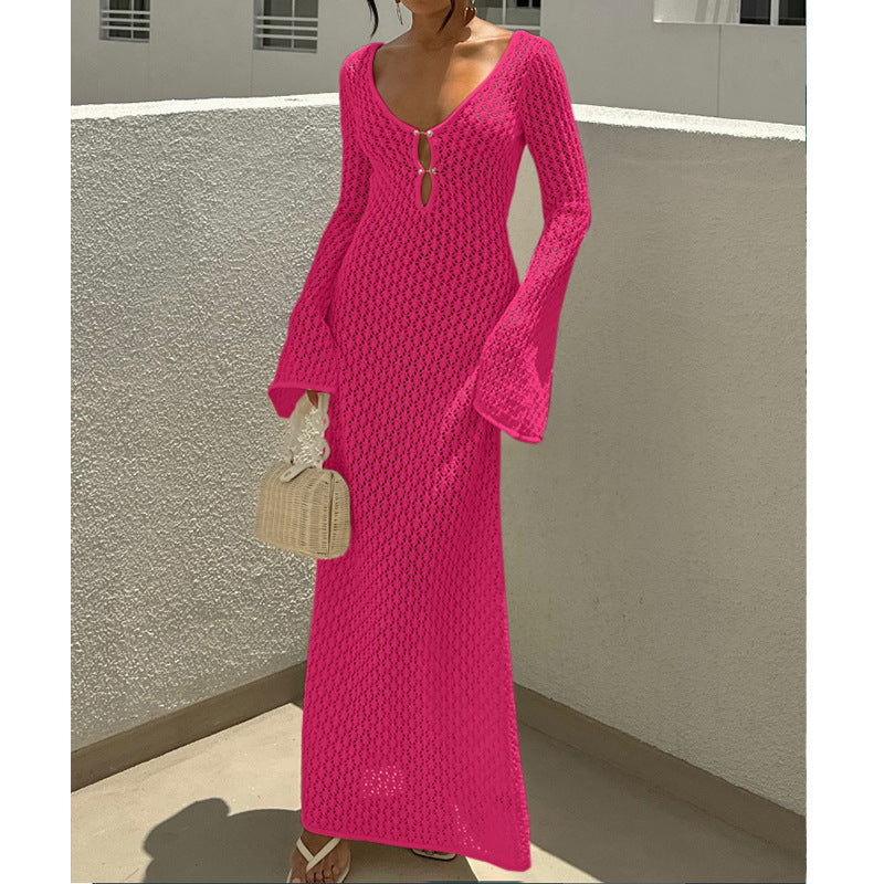 Women's V-Neck Long Sleeve Beach Cover-Up Dress