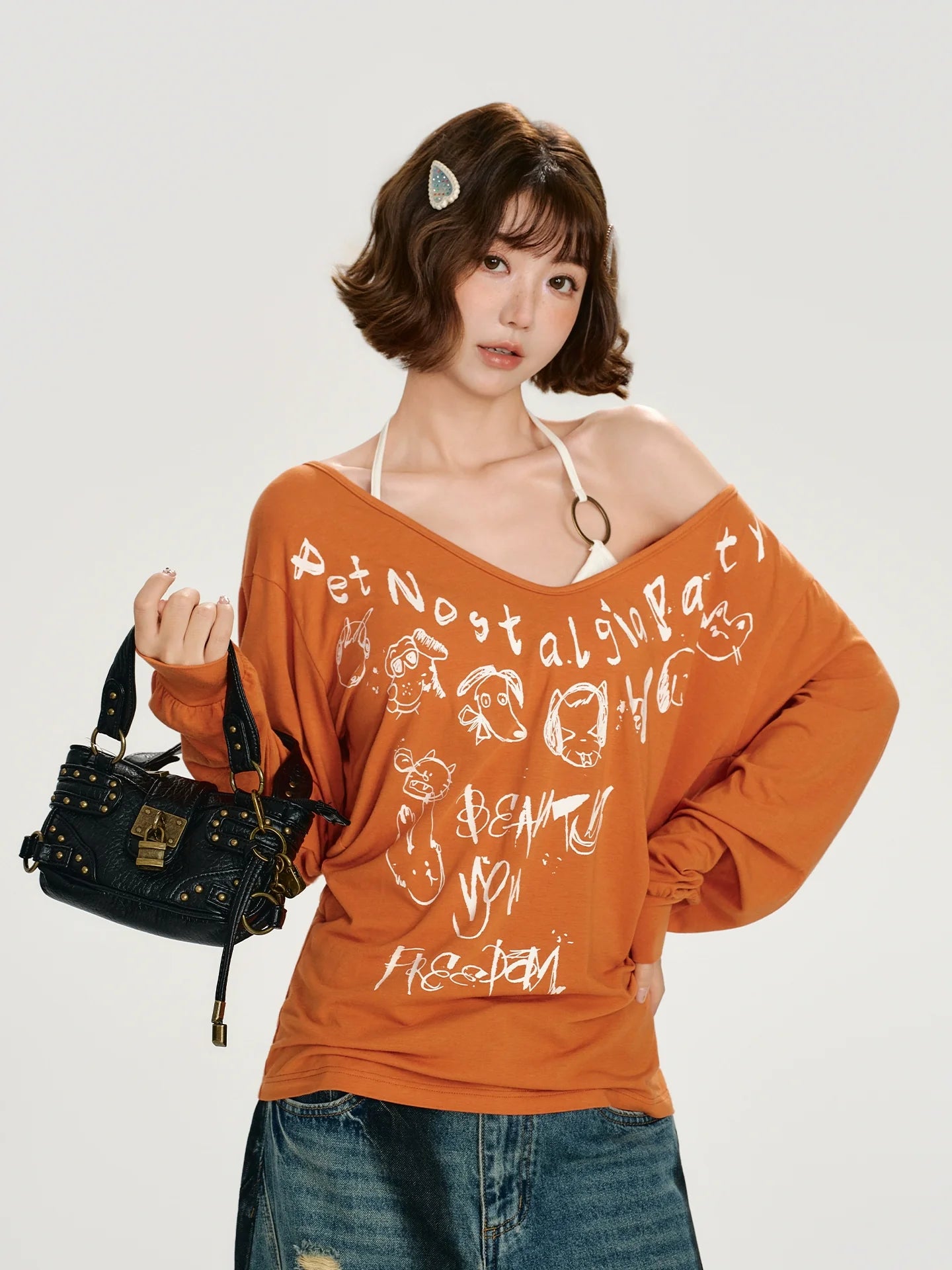 Girlyhalo Retro Babe Print Off-Shoulder Long Sleeve T-Shirt