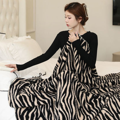 Zebra Print Sofa Knit Blanket – Reversible Flannel Throw for Office, Nap, Travel & Home