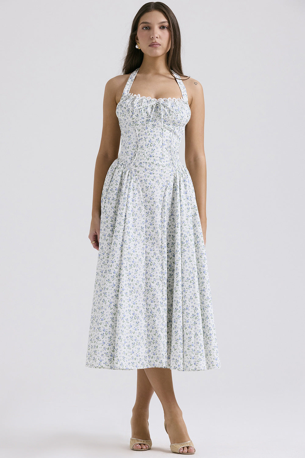Women's Summer Floral Print Bodycon Halter Neck Maxi Dress