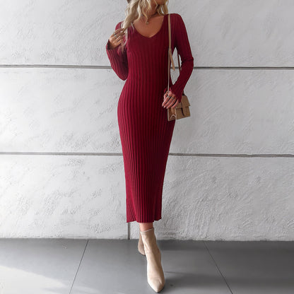 Elegant V Neck Long Sleeves Knitted Dresses