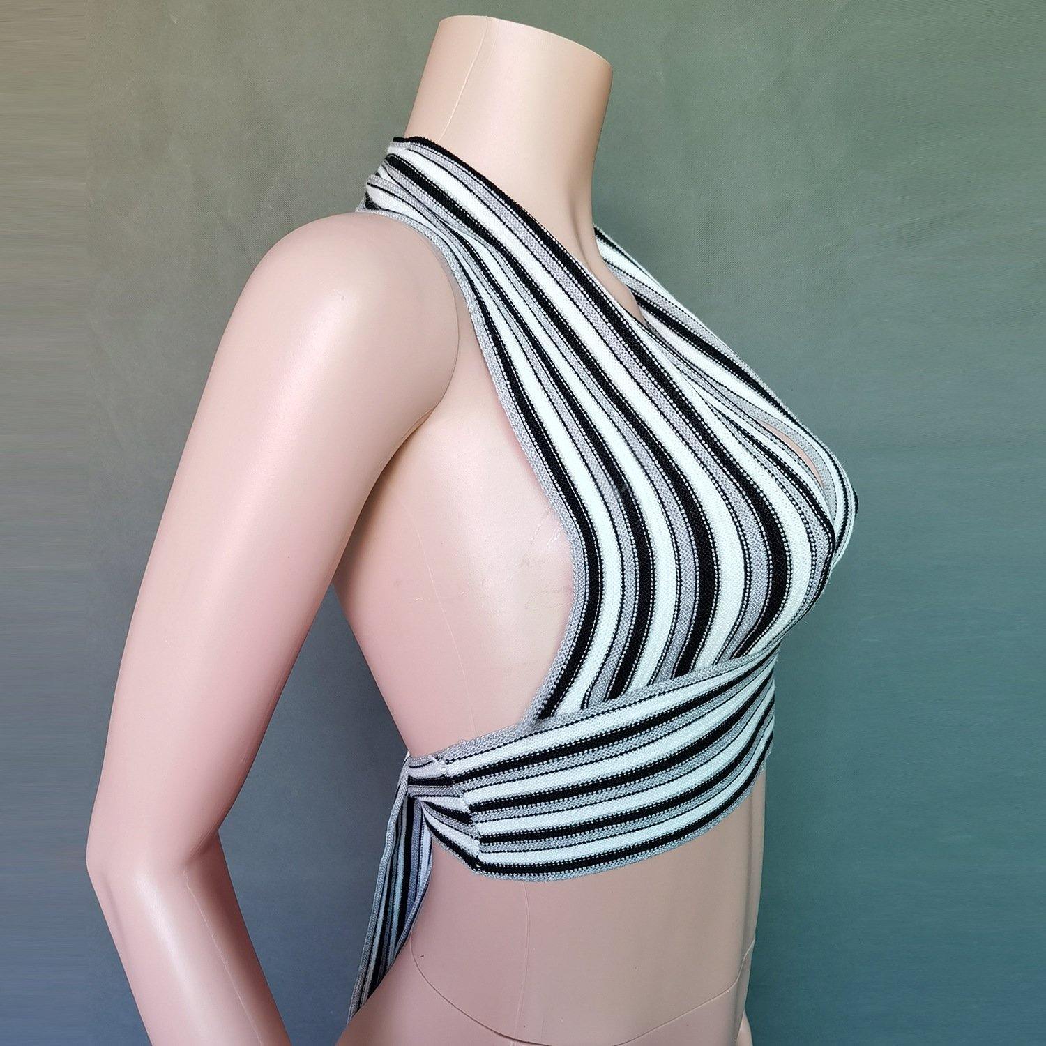 Striped Deep V-Neck Backless Women Tops-STYLEGOING