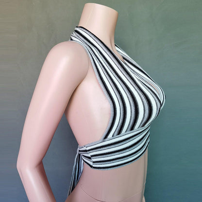 Striped Deep V-Neck Backless Women Tops-STYLEGOING