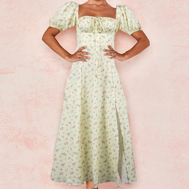 Floral Print French Style Backless Slim Fit Slit Dress