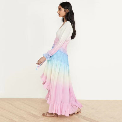 Women's V-Neck Long Sleeve Gradient Print Maxi Dress