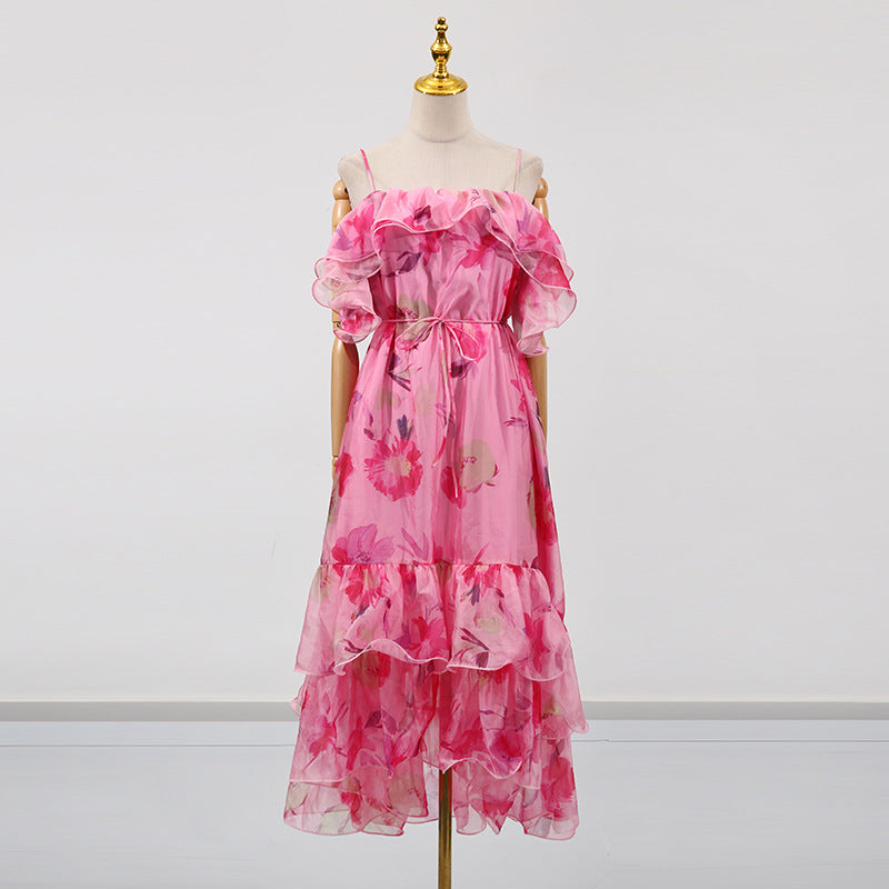Women's Summer Dress – Fashionable Sleeveless Off-Shoulder Ruffle Hem Flowy Dress