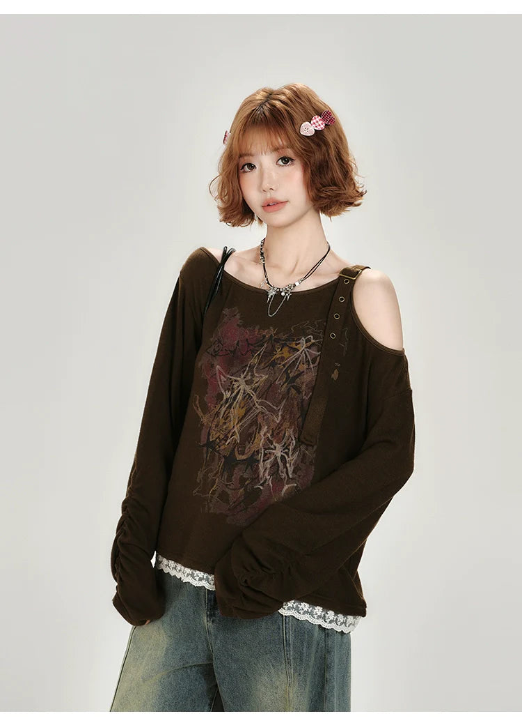 Girlyhalo Vintage Off-Shoulder Long Sleeve Top-As Photo-S-Free Shipping Leatheretro