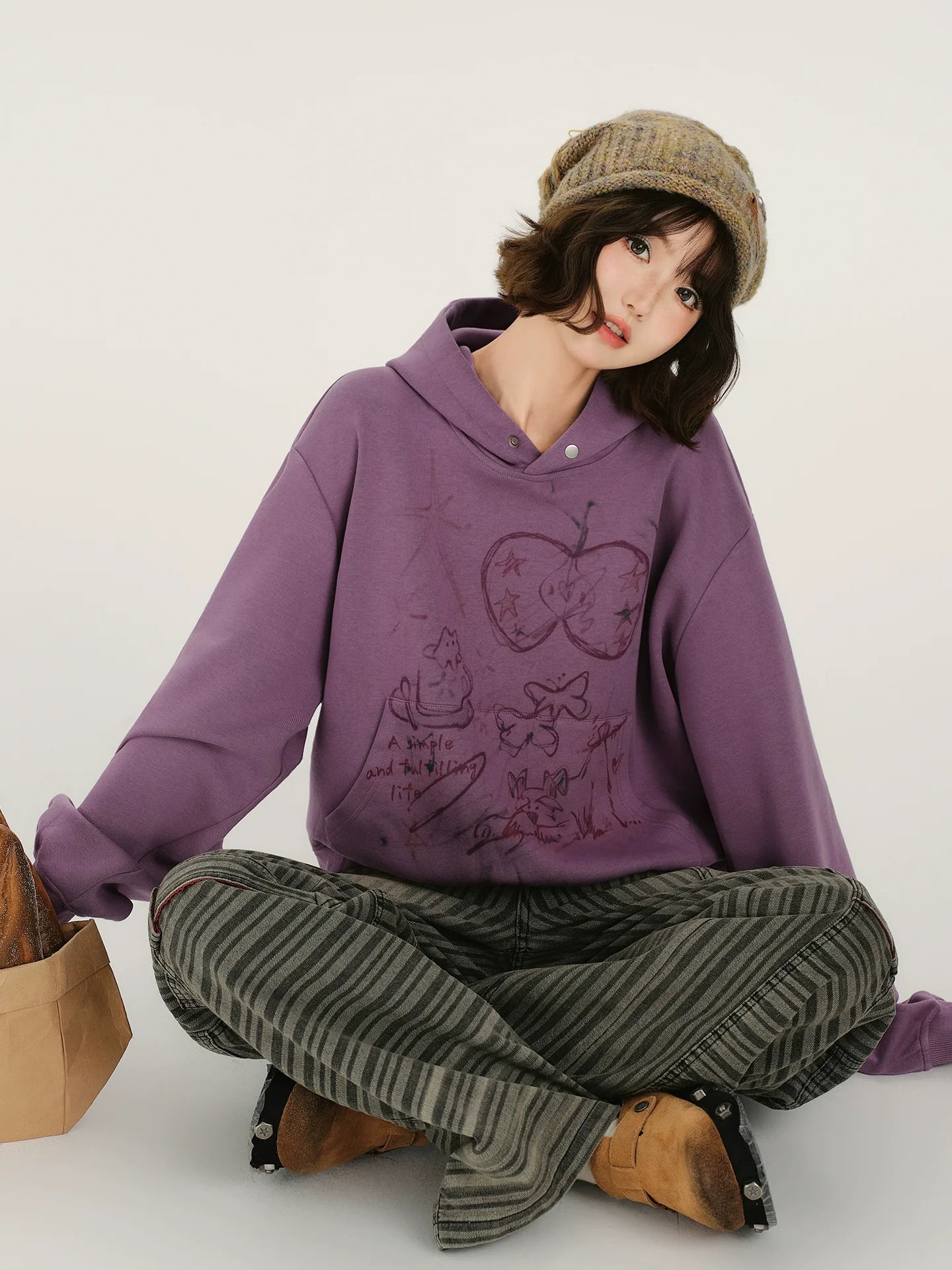 Girlyhalo Retro Print Distressed Hooded Long-Sleeve Sweatshirt