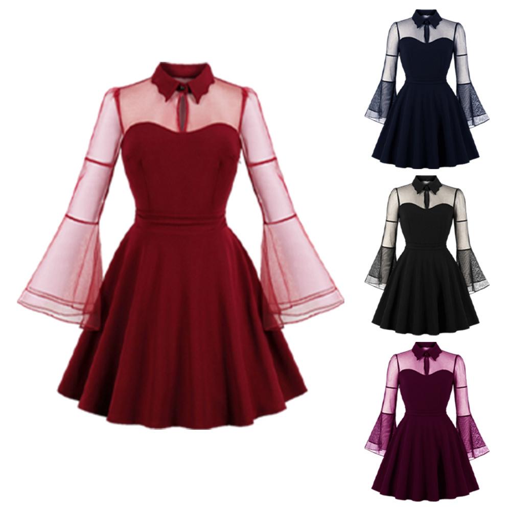 Plus Sizes Net Bell Sleeves Vintage Mini Dresses-Vintage Dresses-Free Shipping at meselling99