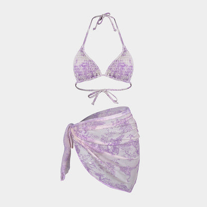 Print Bikini Three-Piece Set – Sheer Skirt Separates, Sexy Vacation Swimwear