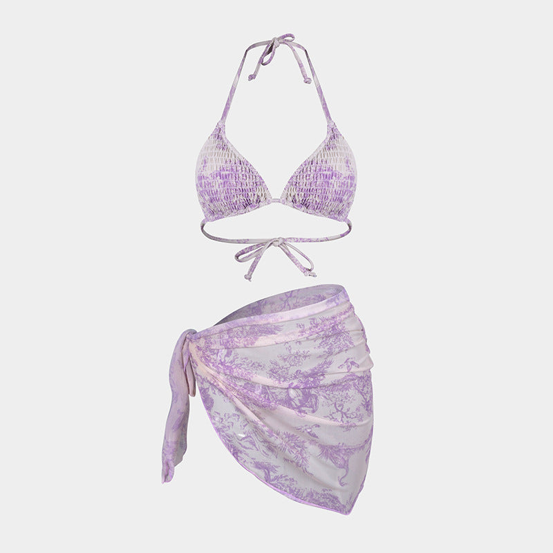 Print Bikini Three-Piece Set – Sheer Skirt Separates, Sexy Vacation Swimwear