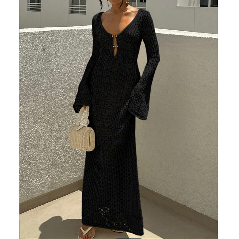 Women's V-Neck Long Sleeve Beach Cover-Up Dress