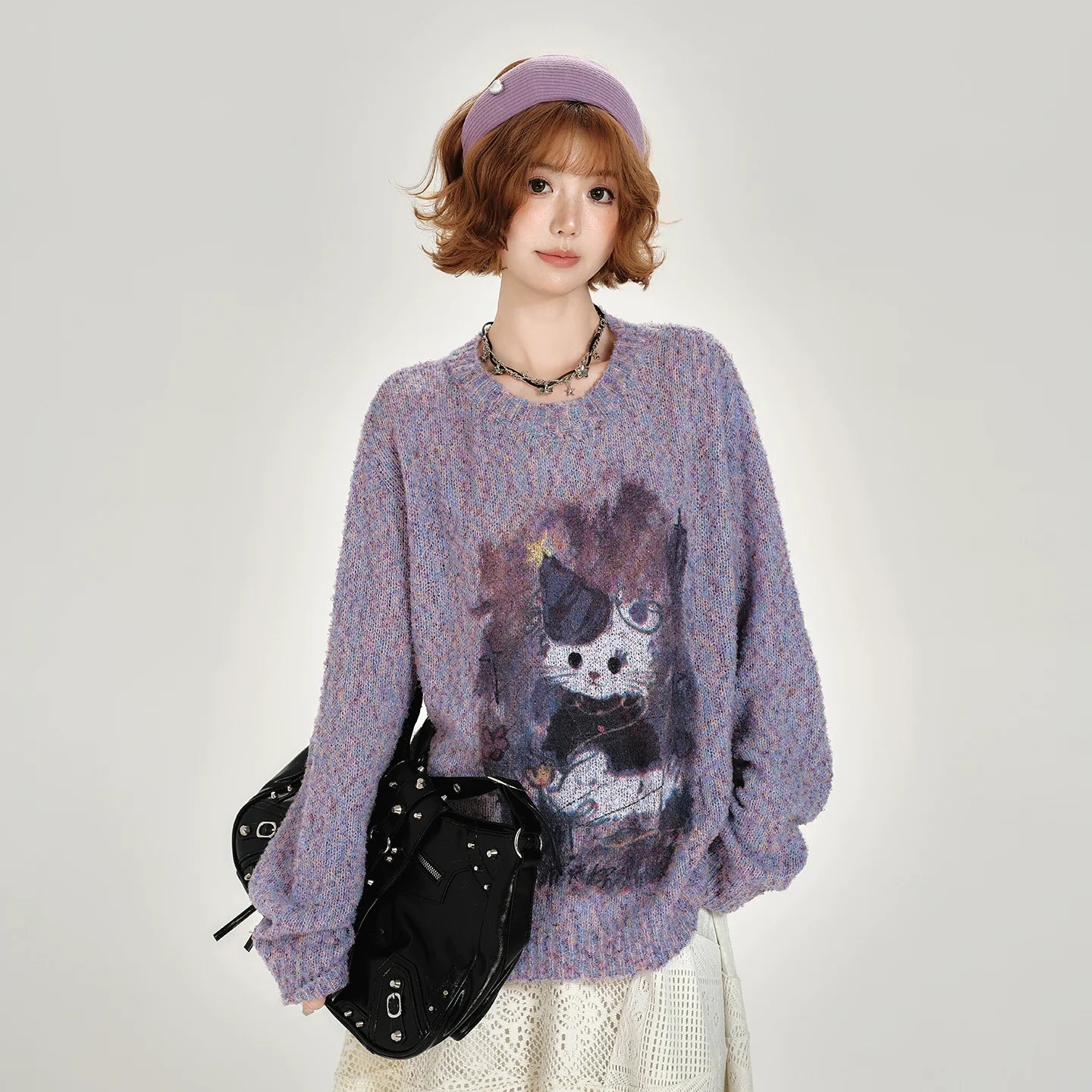 Girlyhalo Women's Loose Fit Retro Print Sweater - Crewneck Fall Pullover-Purple-S-Free Shipping Leatheretro