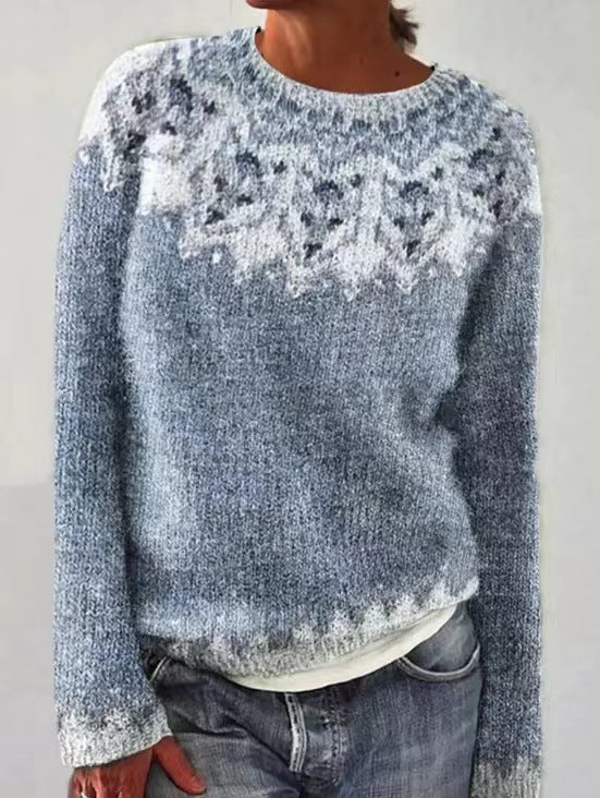 Women's Loose Knit Sweater - Color Block Round Neck Pullover