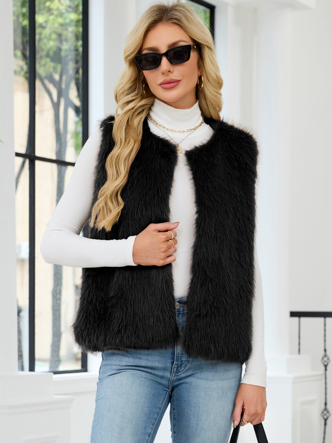 Faux Fur V-Neck Vest Sleeveless Top