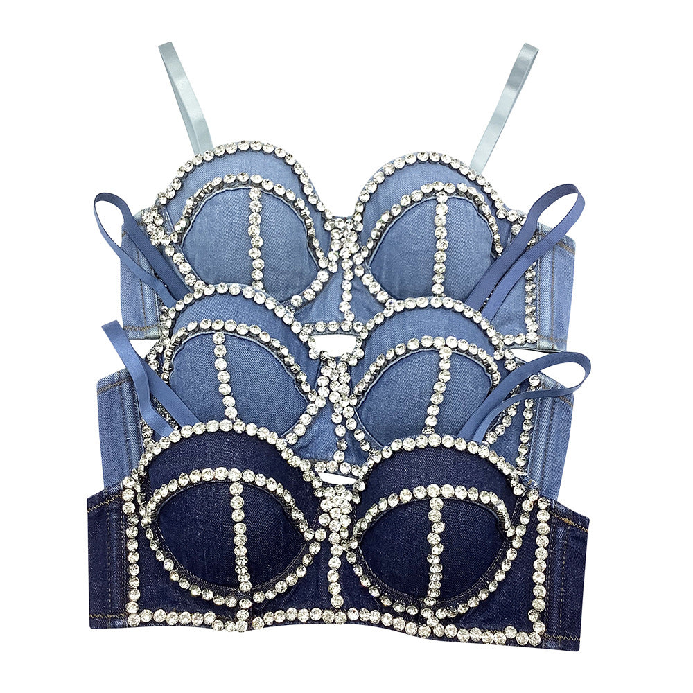 Cowfish Bone Inlaid Diamonds Detachable Straps Back-Closure Denim Corset Top