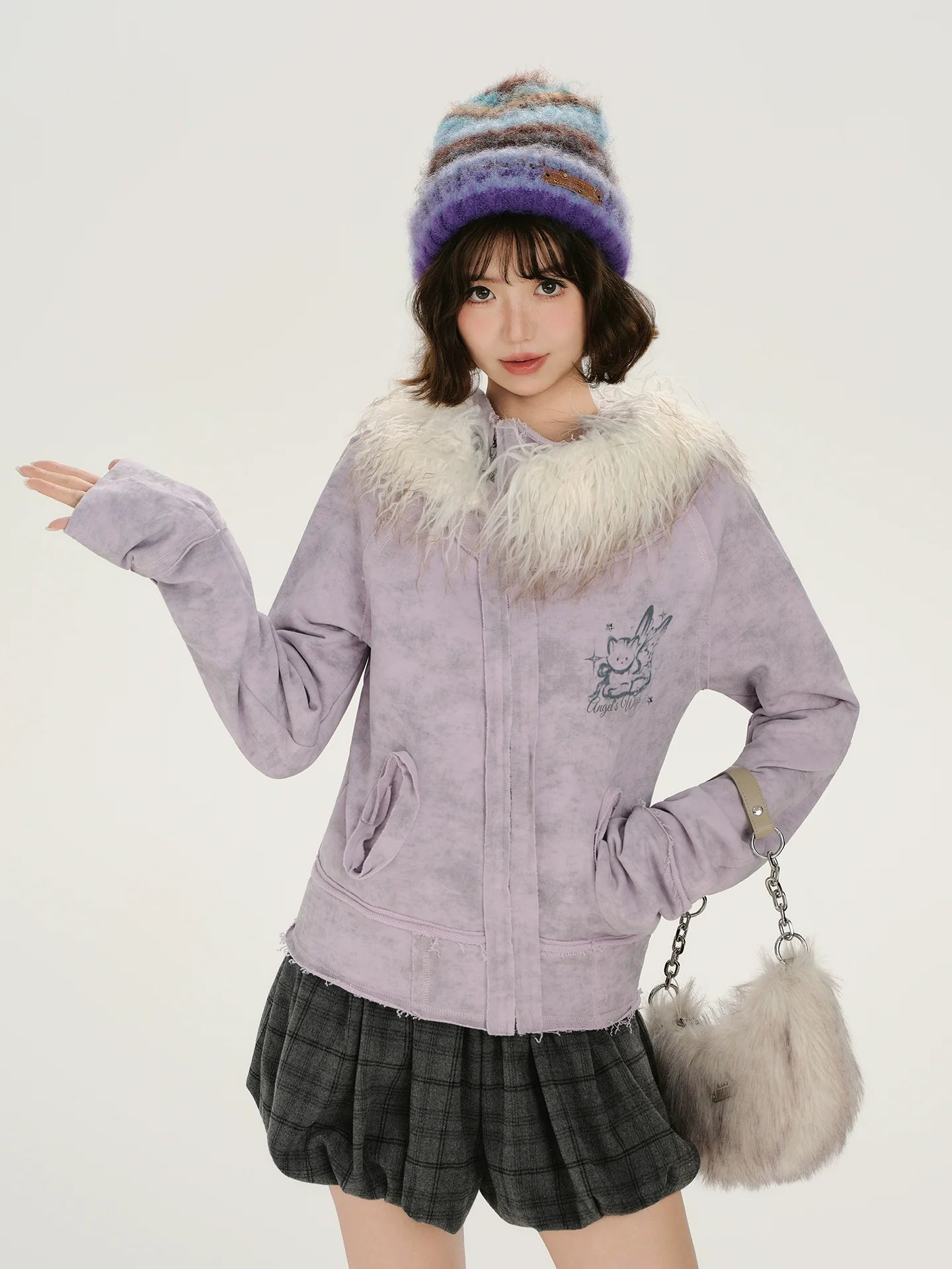 Girlyhalo Retro Tie-Dye Print Asymmetrical Design Women's Fall Coat with Fur Collar