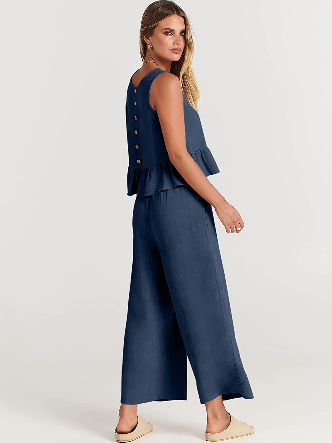 Women's Summer Sleeveless Pleated Vest & Wide-Leg Cropped Pants Casual Set