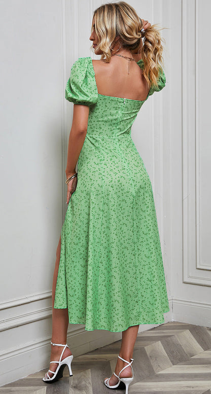 Women's Fashion Floral Print Bubble Sleeve Tie-Front Bustier Slit Dress