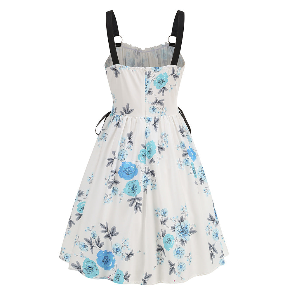 legant Floral Print O-Ring Strap Slimming Party Dress