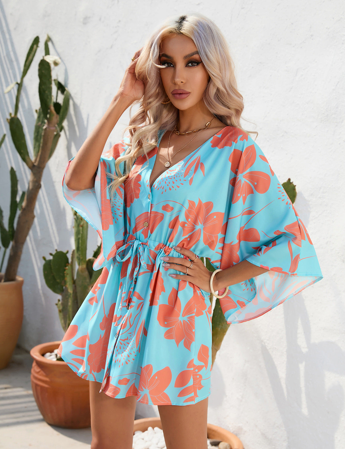 Women's Summer Leaf Print Short Sleeve Short Mini Dress