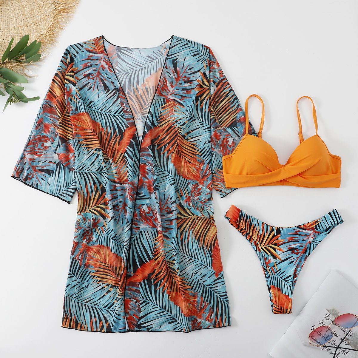 Women's 3-Piece Mesh Long Sleeve Cover-Up – Beach Bikini Set