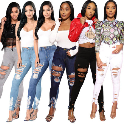 Women Sheath Elastic Broken-holes Jeans-STYLEGOING