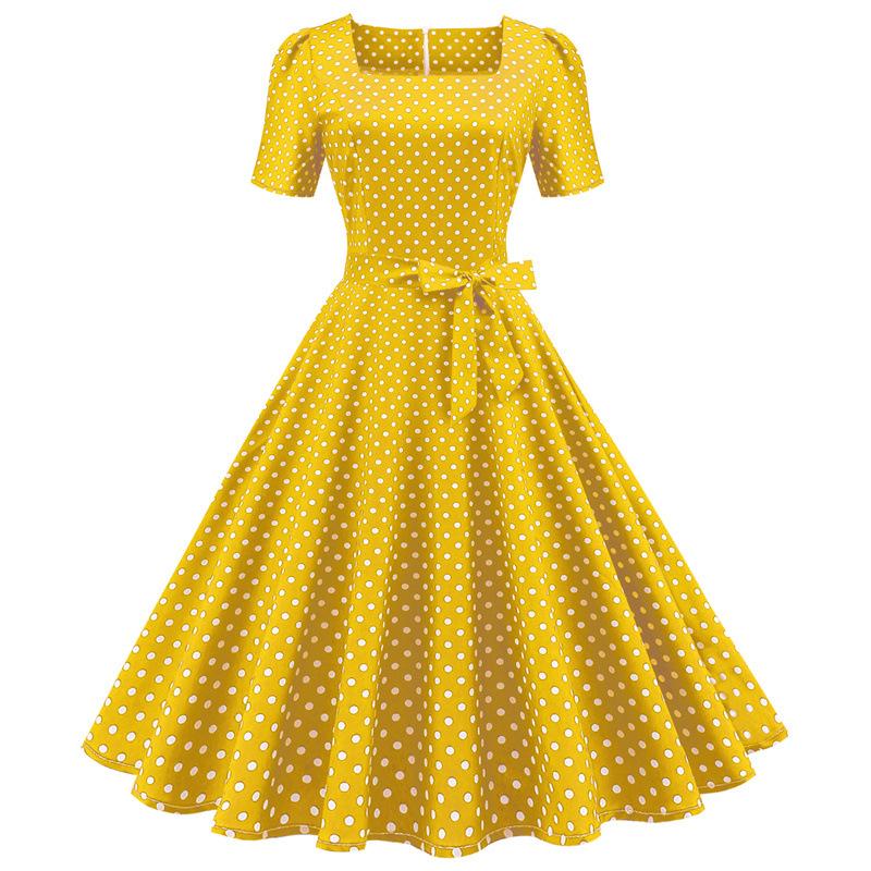 Short Sleeve Square Neckline Vintage Print Dot Dresses-Vintage Dresses-Free Shipping at meselling99