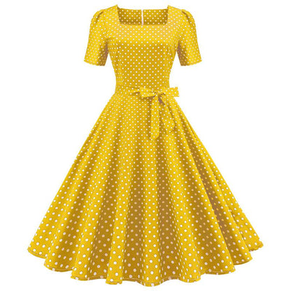 Short Sleeve Square Neckline Vintage Print Dot Dresses-Vintage Dresses-Free Shipping at meselling99