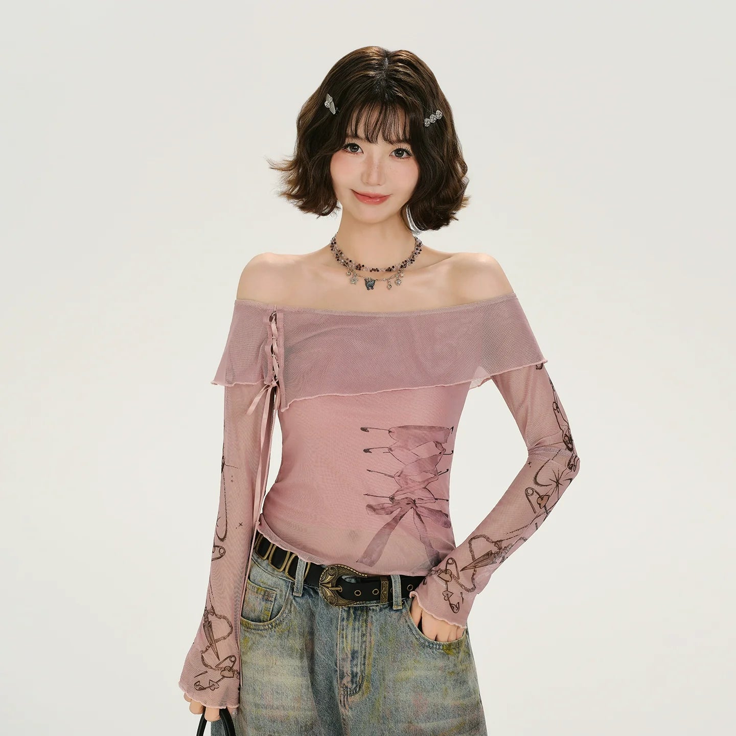 Girlyhalo Retro Vintage Print Off-Shoulder Long Sleeve T-Shirt