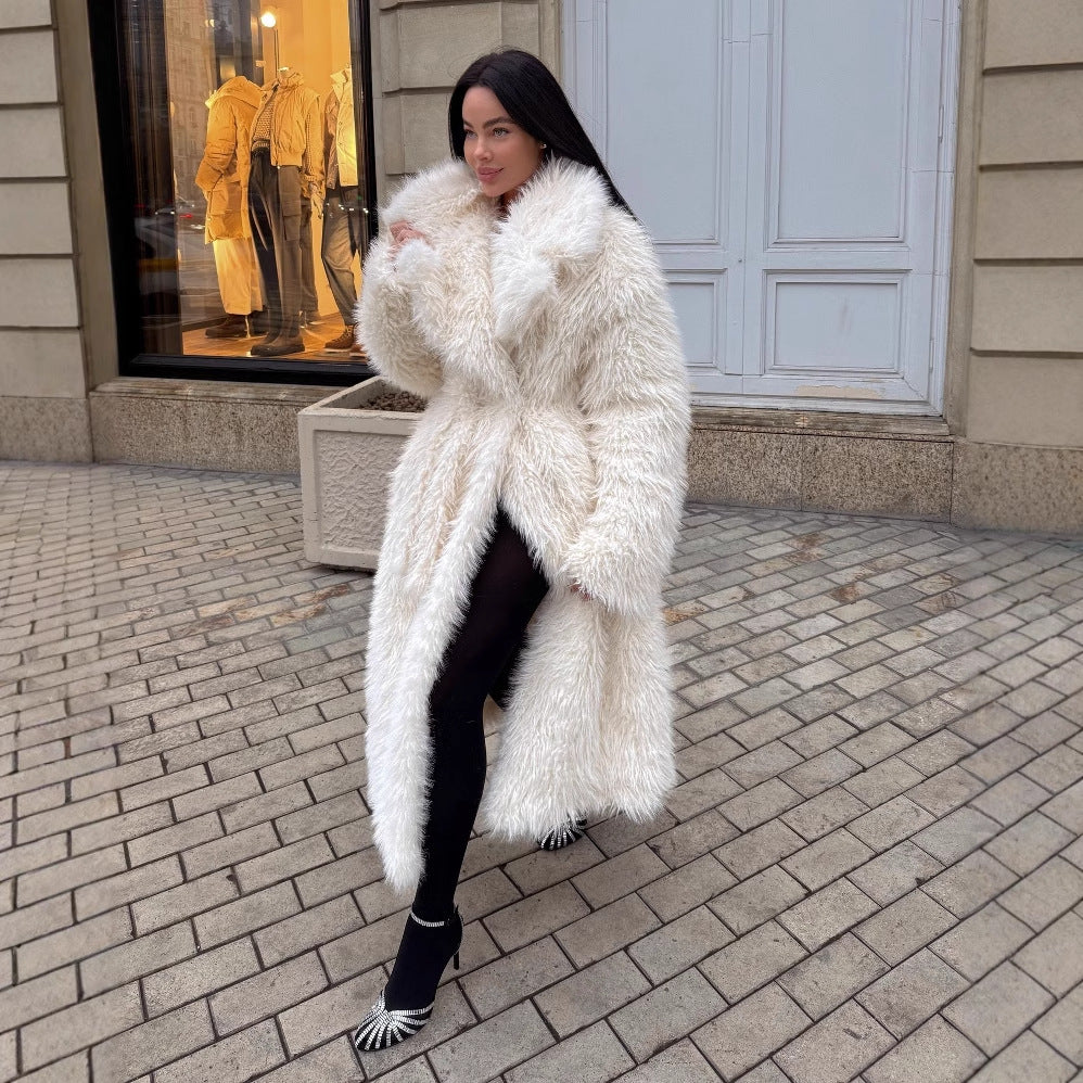 White Knee-Length Faux Fur Coat – Thick & Elegant Toca Eco-Friendly Faux Fur Jacket