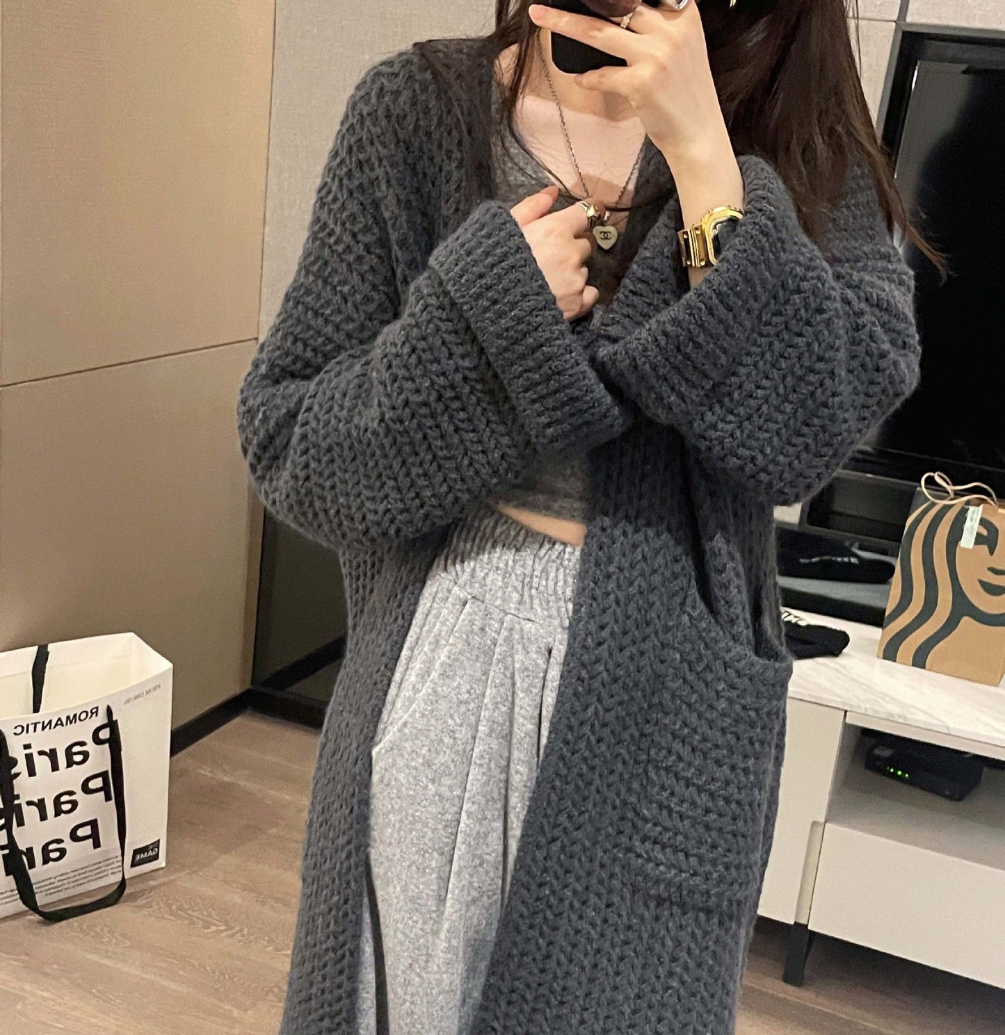 Casual Knitted Midi Length Top Coats