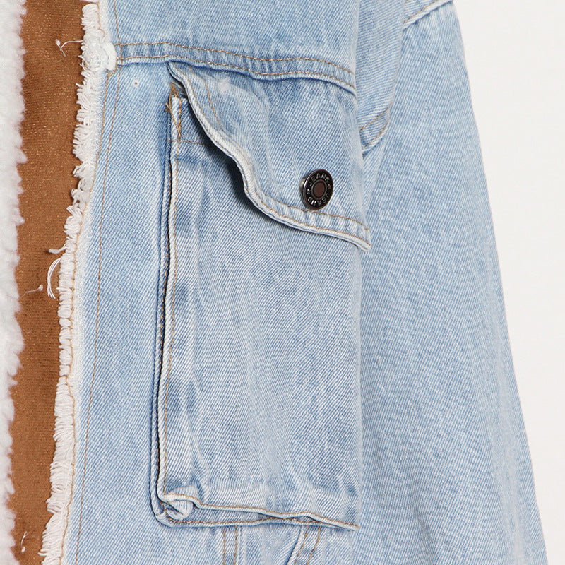 Fashion Designed Lamb Wool with Denim Jacket Coats