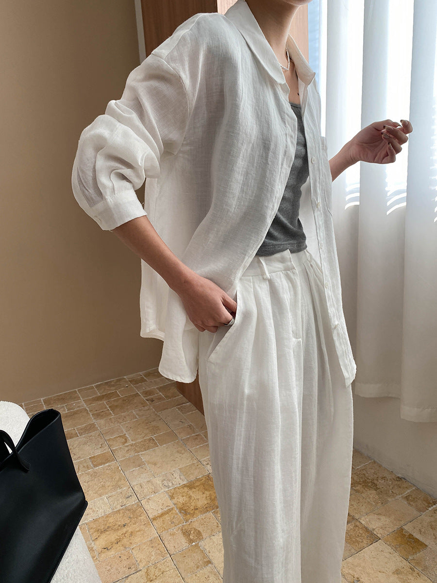 Luxury 100% Linen Sun Protection Shirt & Wide-Leg Pants Set – Breathable & Stylish